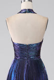 Stunning A Line Halter Neck Purple Long Prom Dress with Keyhole Split Front