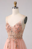 Sparkly Blush A Line Sequins Spaghetti Straps Long Prom Dress With Slit