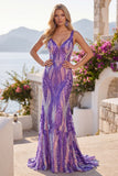 Dark Purple Mermaid V Neck Sequins Long Prom Dress