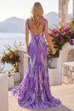 Dark Purple Mermaid V Neck Sequins Long Prom Dress