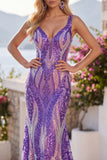 Dark Purple Mermaid V Neck Sequins Long Prom Dress