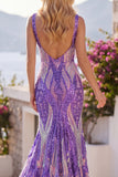 Dark Purple Mermaid V Neck Sequins Long Prom Dress
