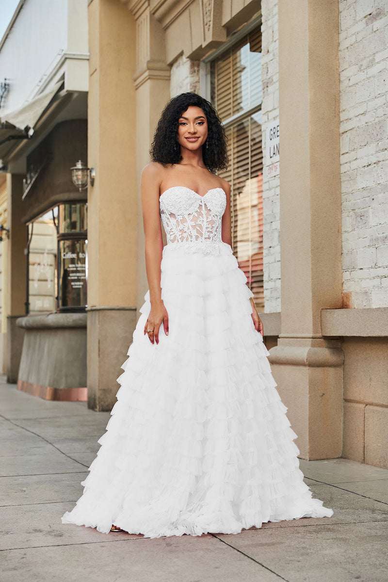 Load image into Gallery viewer, White Corset Ruffled A-Line Wedding Dress with Lace