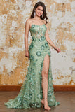 Mermaid Spaghetti Straps Green Corset Prom Dress with Appliques