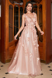 Blush A-Line Spaghetti Straps Long Prom Dress with Appliques