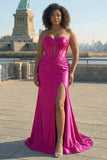 Sparkly Fuchsia Mermaid Sweetheart Corset Long Prom Dress with Slit