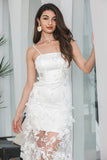 White Sheath Spaghetti Straps Long Engagement Party Dress with Flowers