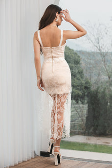 White Champagne Lace Ruffled Bodycon Engagement Party Dress