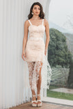 White Champagne Lace Ruffled Bodycon Engagement Party Dress