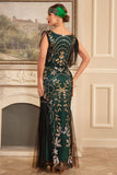 Green Golden Sheath V Neck Sequins Long 1920s Flapper Dress with Fringes