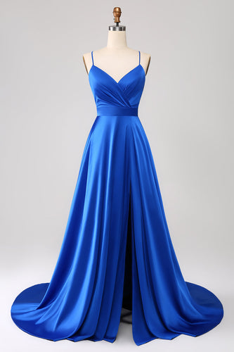 Royal Blue A Line Spaghetti Straps Satin Prom Dress with Slit