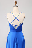 Royal Blue A Line Spaghetti Straps Satin Prom Dress with Slit