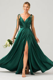 Dark Green A-Line Spaghetti Straps Ruched Long Bridesmaid Dress with Slit