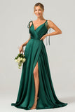 Dark Green A-Line Spaghetti Straps Ruched Long Bridesmaid Dress with Slit