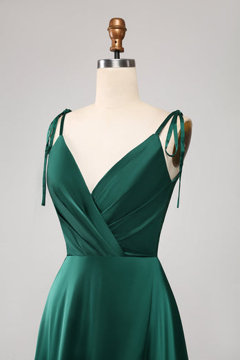 Simple Dark Green Spaghetti Straps Ruched Prom Dress with Slit