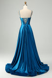 Sparkly Dark Blue A Line Corset Beaded Long Prom Dress With Slit