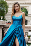 Sparkly Dark Blue A Line Pleated Corset Beaded Long Prom Dress With Slit