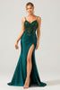Load image into Gallery viewer, Sparkly Dark Green Mermaid Sequin Pleated Corset Long Prom Dress With Slit