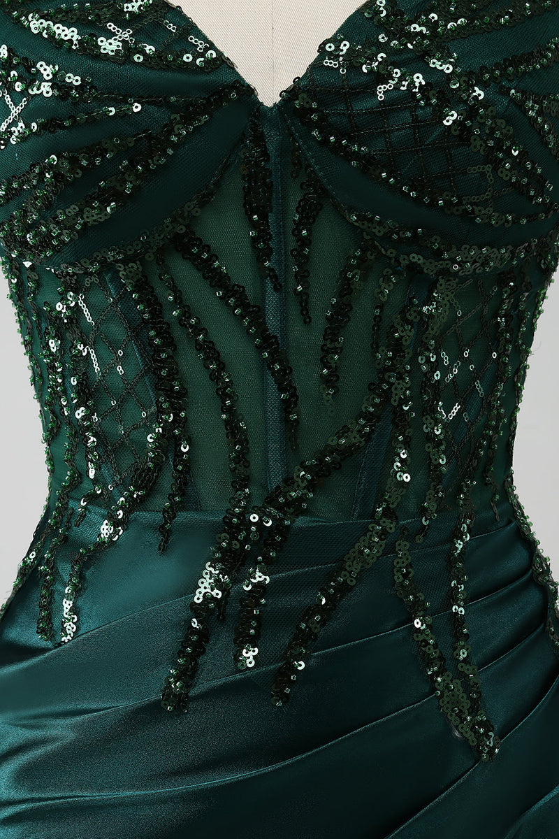 Load image into Gallery viewer, Sparkly Dark Green Mermaid Sequin Pleated Corset Prom Dress With Slit