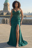Sparkly Dark Green Mermaid Sequin Pleated Corset Prom Dress With Slit
