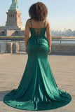 Sparkly Dark Green Mermaid Sequin Pleated Corset Prom Dress With Slit