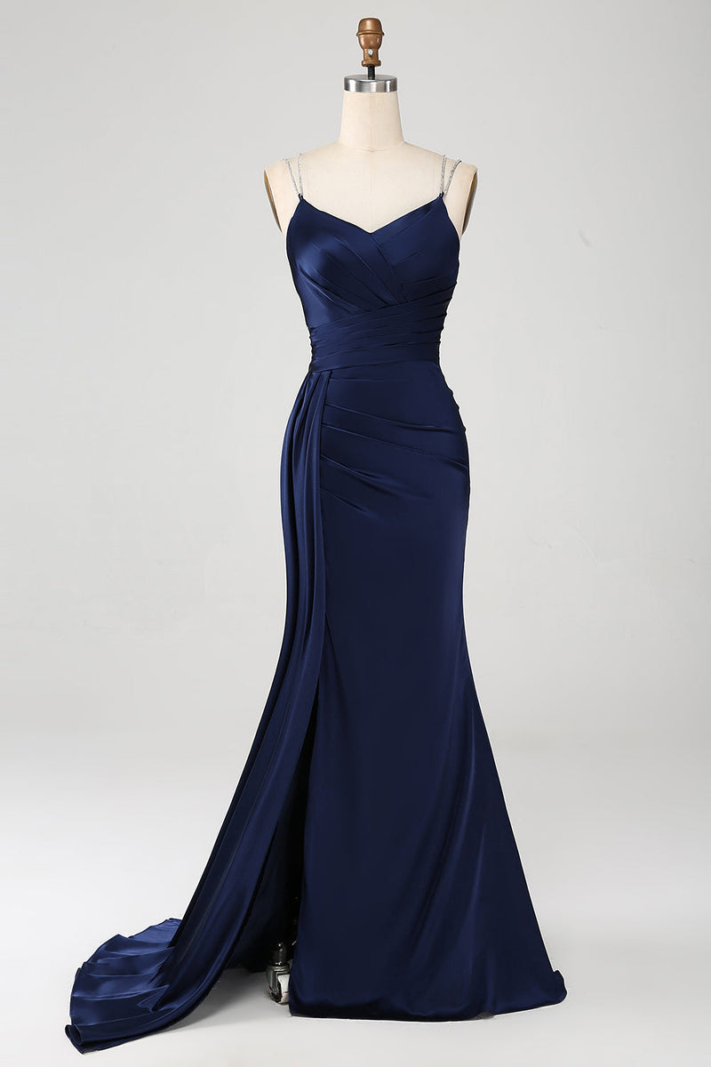 Load image into Gallery viewer, Navy Mermaid Spaghetti Straps Pleated Corset Long Prom Dress With Slit