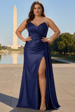 Navy Mermaid Spaghetti Straps Pleated Corset Long Prom Dress With Slit