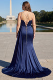 Navy Mermaid Spaghetti Straps Pleated Corset Long Prom Dress With Slit