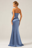 Mermaid Grey Blue Satin Spaghetti Straps Pleated Maxi Dress