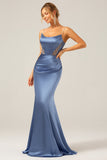 Mermaid Grey Blue Satin Spaghetti Straps Pleated Maxi Dress