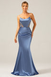 Mermaid Grey Blue Satin Spaghetti Straps Pleated Maxi Dress