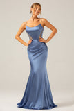 Mermaid Grey Blue Satin Spaghetti Straps Pleated Maxi Dress