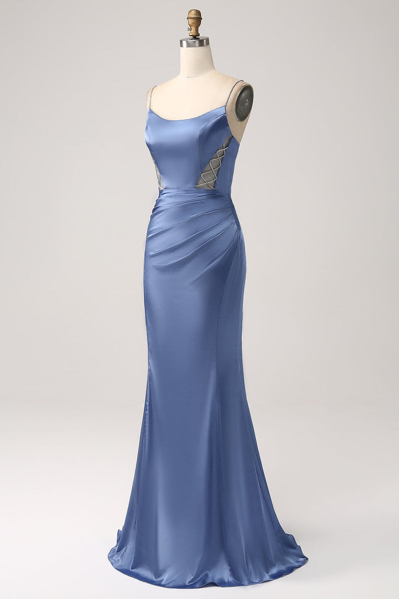 Load image into Gallery viewer, Mermaid Grey Blue Satin Spaghetti Straps Long Prom Dress