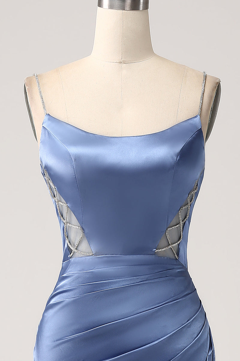Load image into Gallery viewer, Mermaid Grey Blue Satin Spaghetti Straps Long Prom Dress
