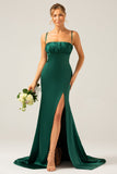 Dark Green Mermaid Spaghetti Straps Satin Long Bridesmaid Dress