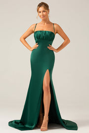 Dark Green Mermaid Spaghetti Straps Satin Long Bridesmaid Dress