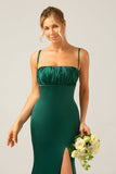 Dark Green Mermaid Spaghetti Straps Satin Long Bridesmaid Dress