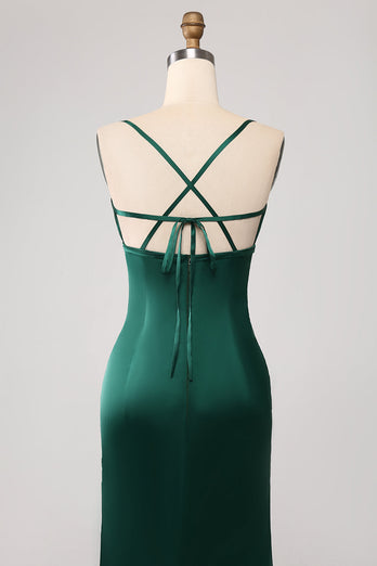 Dark Green Mermaid Spaghetti Straps Satin Prom Dress