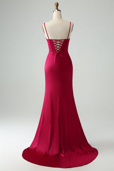 Burgundy Mermaid Spaghetti Straps Long Corset Prom Dress with Slit