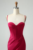 Burgundy Mermaid Spaghetti Straps Long Corset Prom Dress with Slit