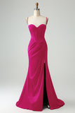 Burgundy Mermaid Spaghetti Straps Long Corset Prom Dress with Slit