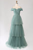 Load image into Gallery viewer, Grey Green A Line Off the Shoulder Tiered Tulle A Line Prom Dress