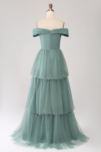 Grey Green A Line Off the Shoulder Tiered Tulle A Line Prom Dress