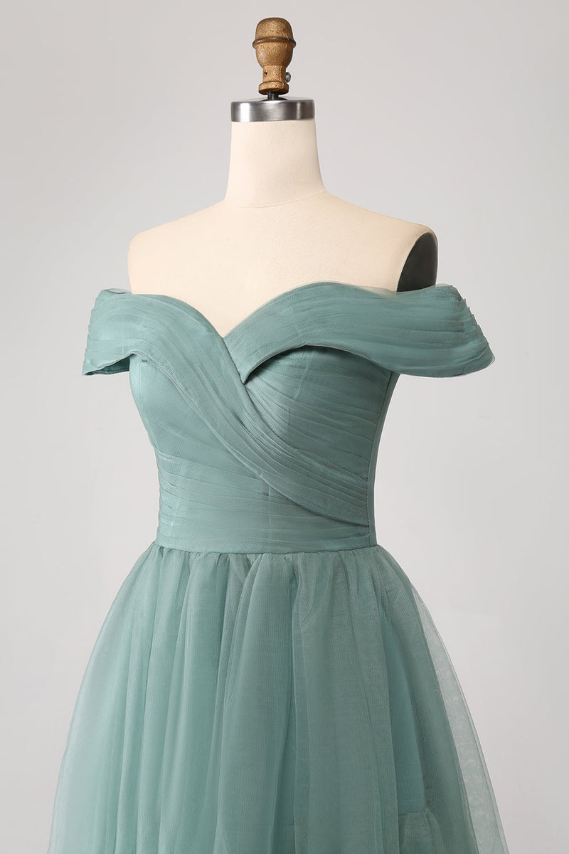 Load image into Gallery viewer, Grey Green A Line Off the Shoulder Tiered Tulle A Line Prom Dress
