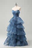 Grey Blue A-Line Embroidery Strapless Tiered Long Prom Dress