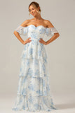 White Blue Floral Boho Chiffon Ruffled Long Bridesmaid Dress