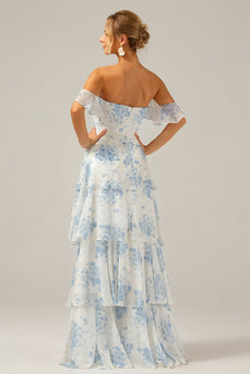 White Blue Floral Boho Chiffon Ruffled Long Bridesmaid Dress