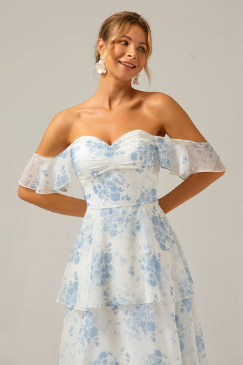 White Blue Floral Boho Chiffon Ruffled Long Bridesmaid Dress