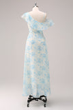 Stylish A-Line White Blue Flower Chiffon Bridesmaid Dress with Slit