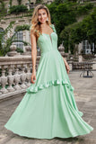 Green A Line Off The Shoulder Corset Maxi Bridesmaid Dress With Ruffles